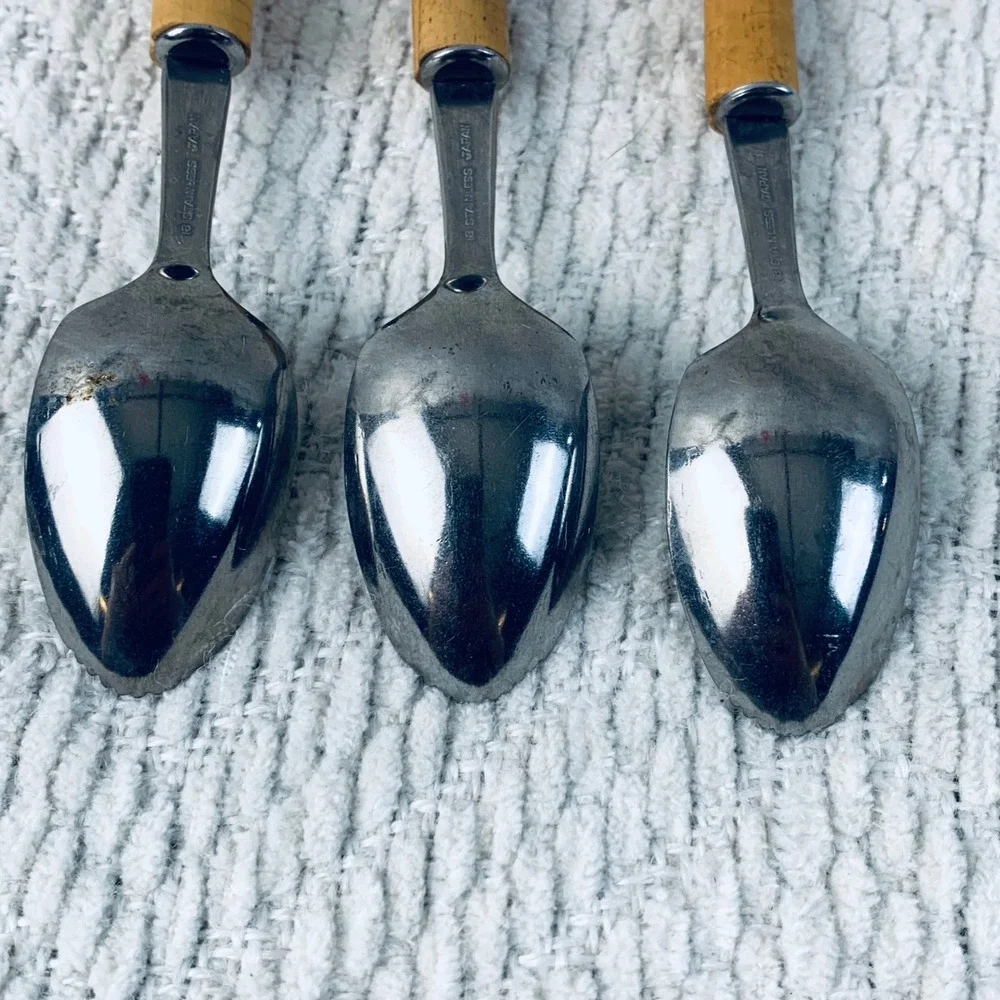 3 Grapefruit Spoons Tan Bamboo Handle Serrated Stainless Tiki Boho Japan Vintage